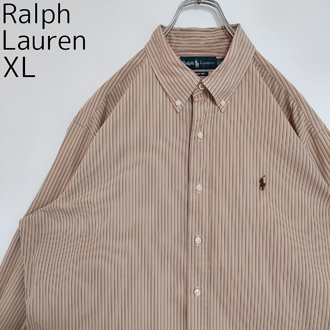 ラルフローレン BDストライプシャツ 刺繍ポニー XL ベージュ ブラウン