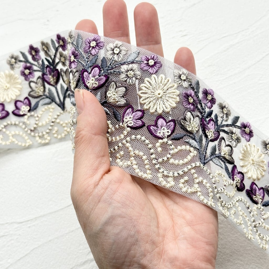 フローラルブーケ [パープル］インド刺繍リボン 1608 | インド刺繍