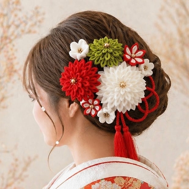 紅白＊つまみ細工 髪飾り 9点セット結婚式 色打掛 成人式 振袖 卒業式