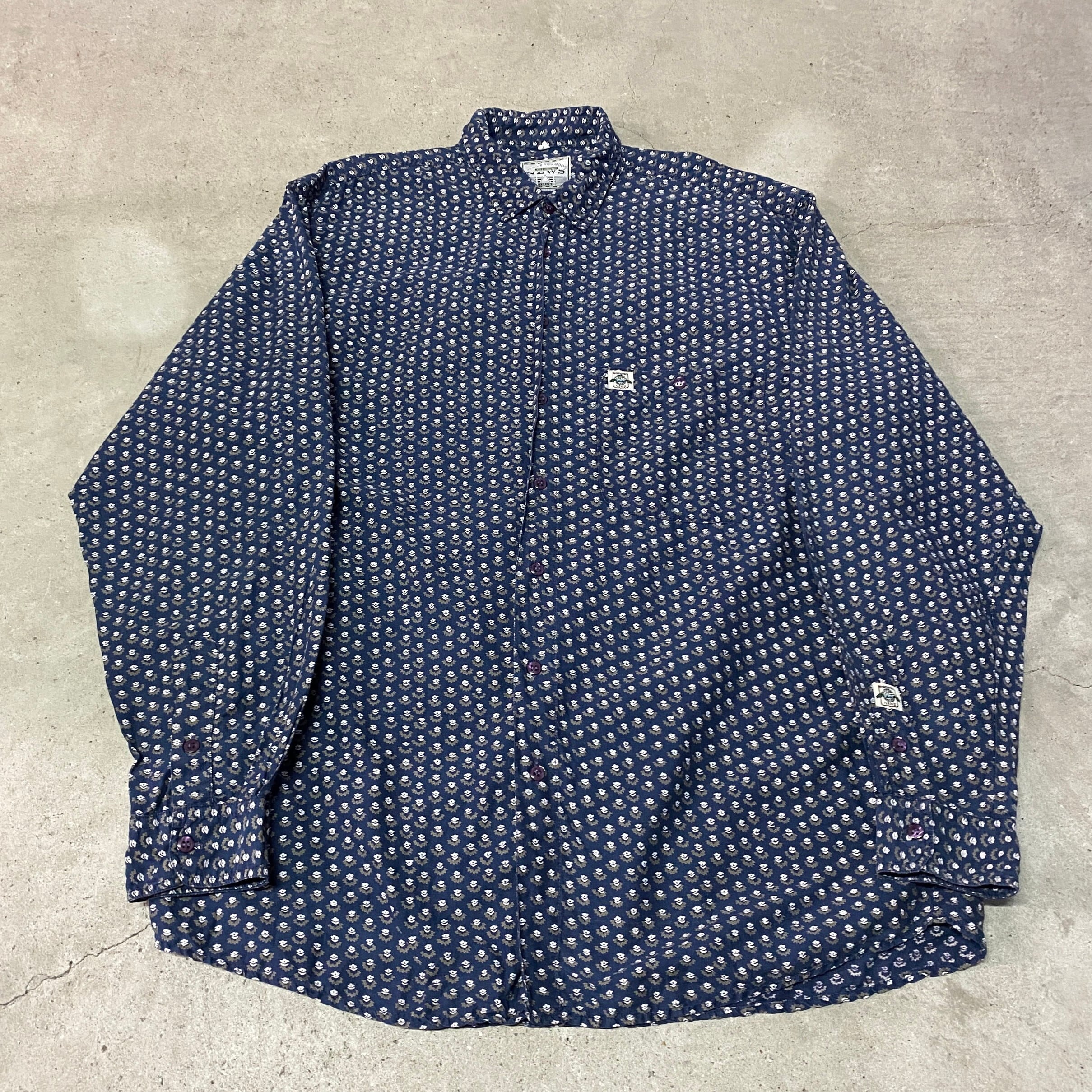 【古着 unknown 柄シャツ　総柄　ネイビー　白　ホワイト　XL】 古着 unknown 柄シャツ総柄ネイビー白ホワイトXL】