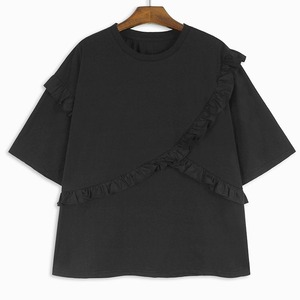 SOLID FRILL RIBBON TRIMMED ROUND NECK T-SHIRT 3colors M-10034