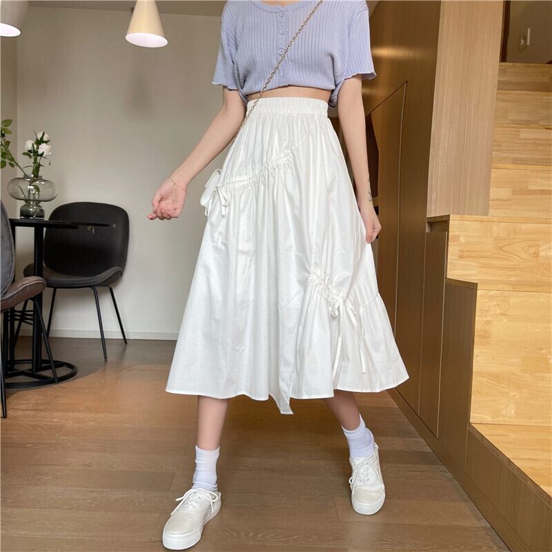 スカート レディース 2色 ロング ミモレ ミモレ丈 ロング丈 シャーリング Aライン ウエストゴム かわいい 大人可愛い カジュアル 清楚 フェミニン お洒落 綺麗 お嬢様 ナチュラル ラブリー キュート ガーリー ロマンチック 抜け感 華やか 送料無料 存在感 無地 学生 通学 デート お出かけ 女子会 休日 S M L ホワイト 白 ブラック 黒 春 10代 20代 韓国 韓国系 着回し 普段使い 体型カバー ファッション コーデ プチプラ モテ トレンド 流行