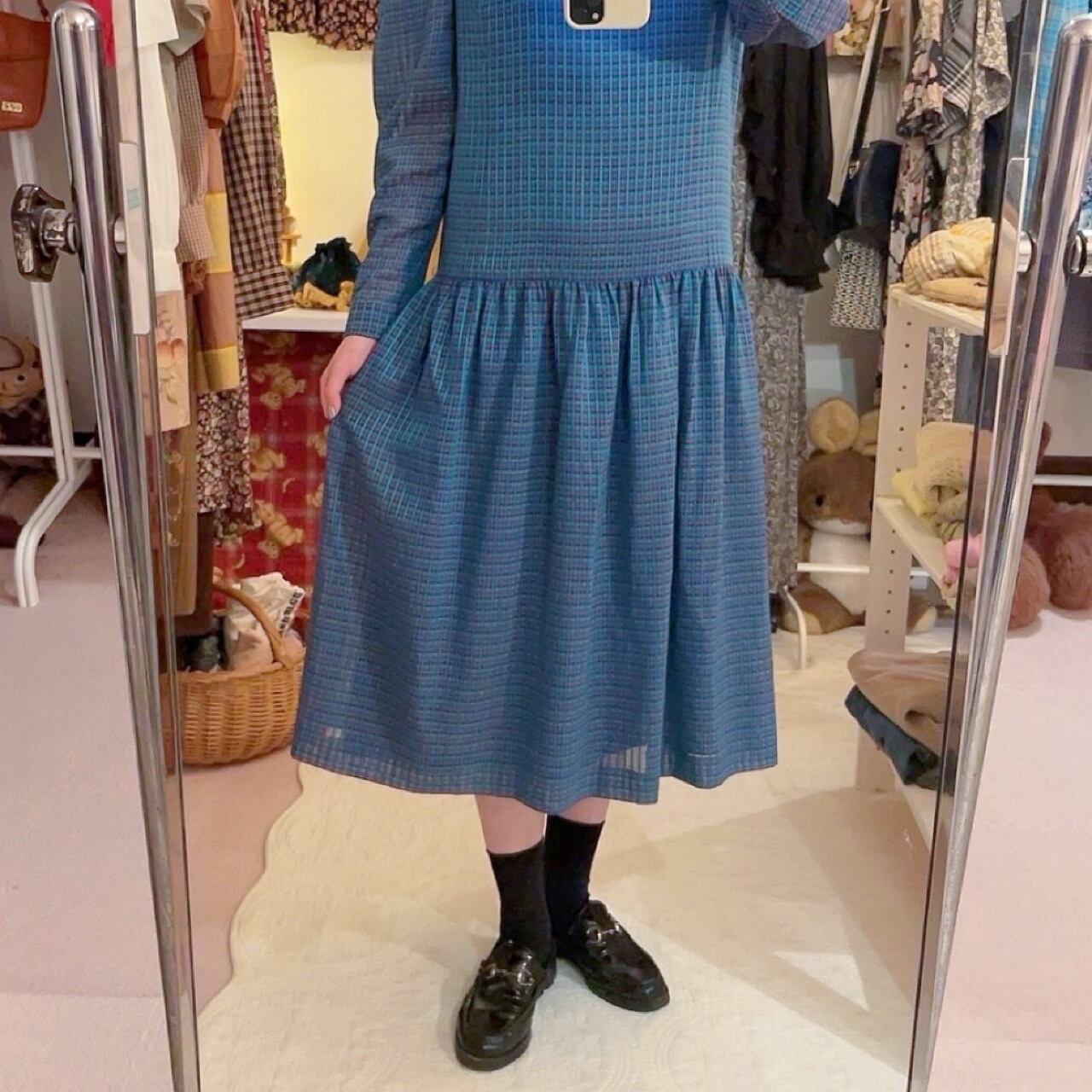 blue pink check low waist one-piece