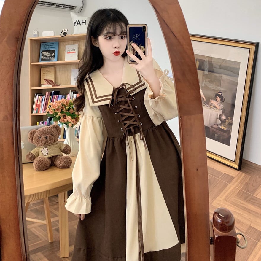 セミロリ ソフトロリータ ワンピース レースアップ セーラー風