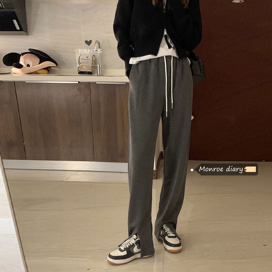 グレーギャザーハイウェストウェストカジュアルパンツ スプリングオータムルーズ 春物 秋物 モンロー96099292108