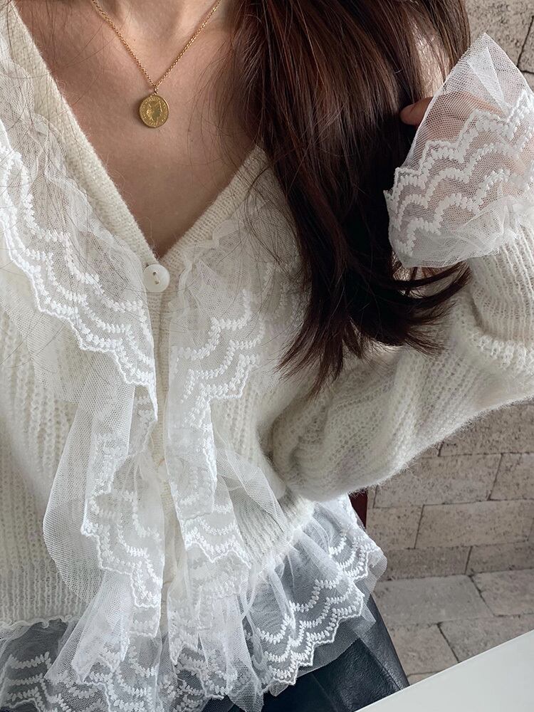 レースセーター オータムスタンダードルーズVネックソリッド カラーカーディガントップス レトロ 秋物 ソリッドカラー ビッグFスモールZ韓国37436315783