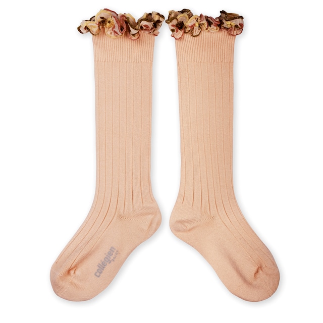 Collegien/Eglantine Chaussettes hautes avec volant brodé fleurs - Sorbet