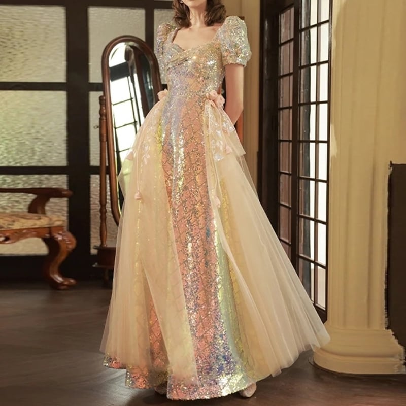 チュール&グリッター切り替えドレス D0157