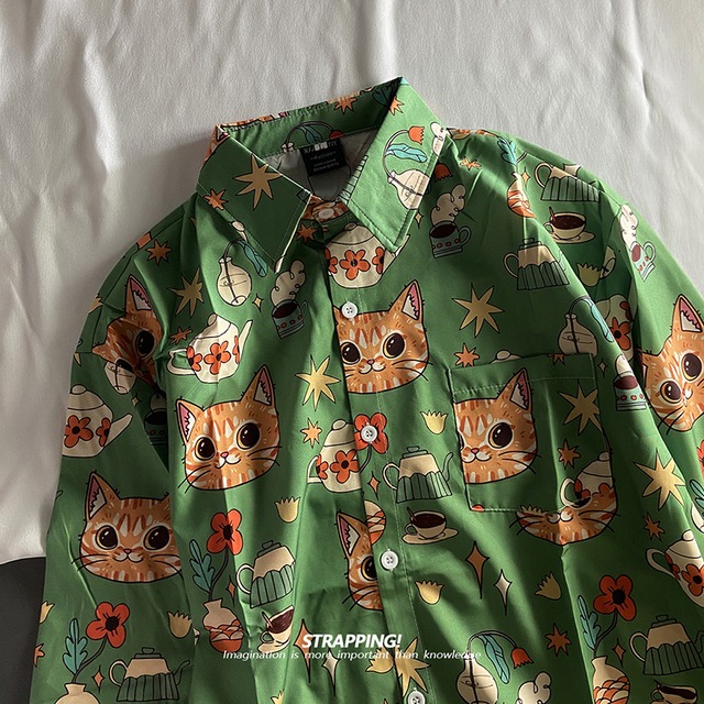 【STRAPPINGシリーズ】★シャツ★ 半袖or長袖 2color トップス 猫 ねこ ネコ アロハシャツ 男女兼用 メンズ グリーン 緑