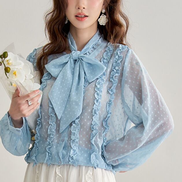 フリルデザイン シフォンボウタイブラウス 00240