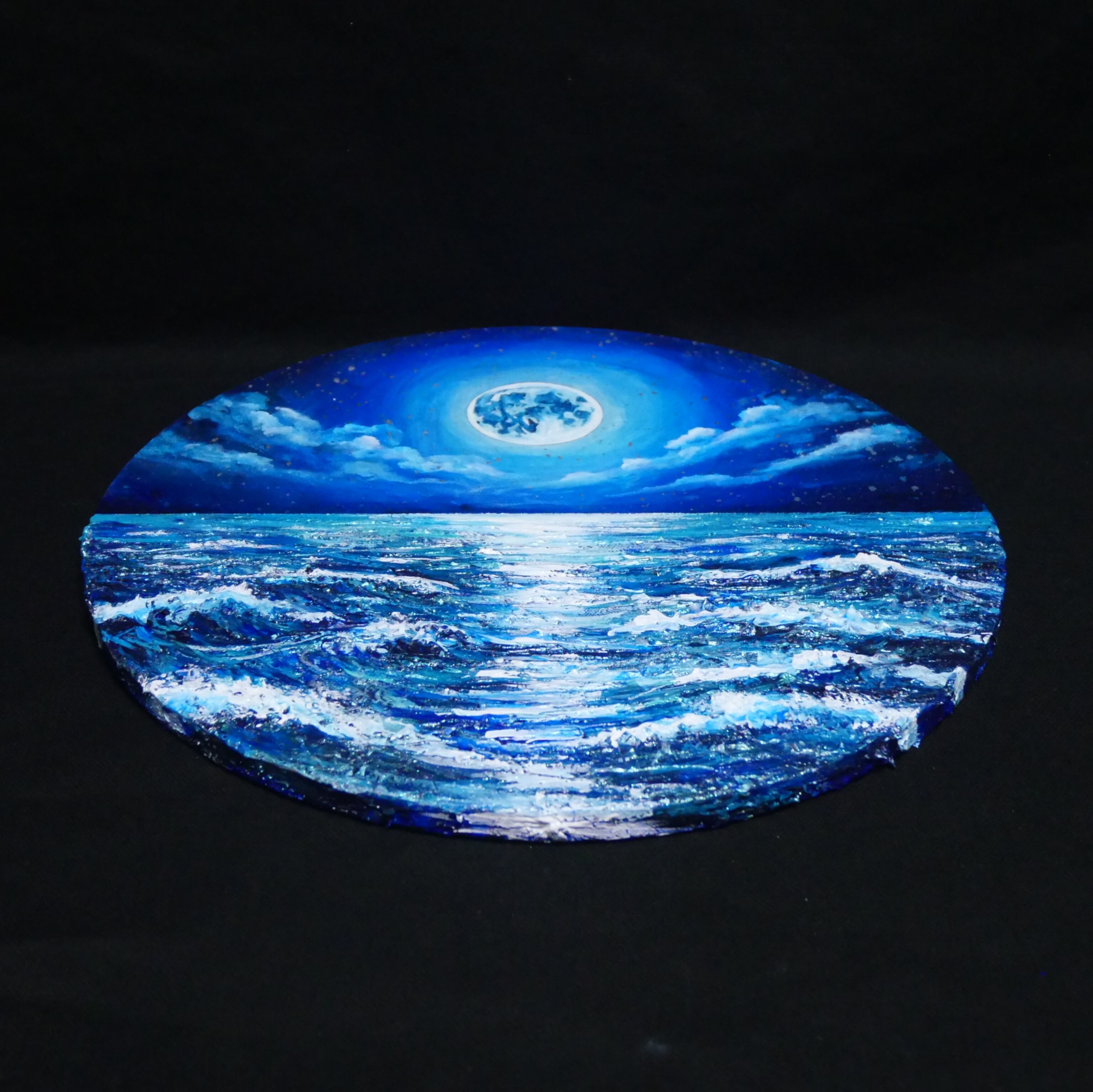 油絵】心を落ち着かせる海景画 丸形「青い満月と輝く海」油彩画