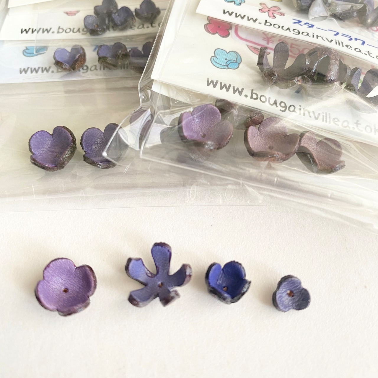 【アウトレット立体レザーフラワー】ピン無し小花３点セット(パープル)10個入 - 1