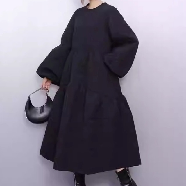 キルティング ミモレ丈 長袖 ワンピース 2color ON1015