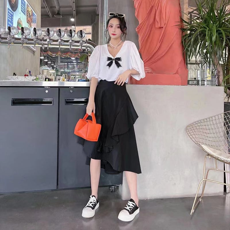 サマーカジュアルVネックリボンTシャツ ストレッチウェストスカート エラスティック 伸縮 大きめサイズ 夏物 ミックスインファッション77837082470