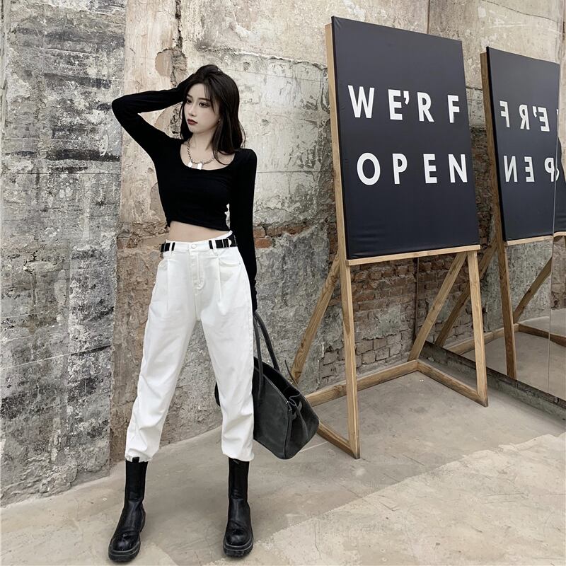 ウエストスリムホワイトオールドジーンズレディース2020秋ニューハーレムパンツシックな足パンツ ブラックストロベリース23581949635
