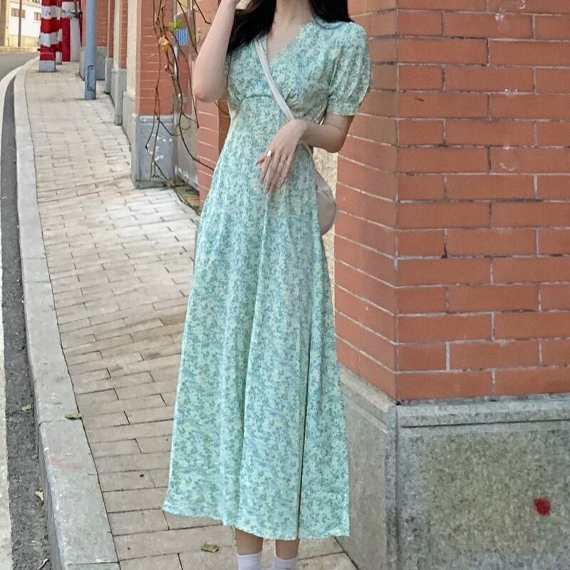 Vネックスリーブフローラルドレス サマーウェストロングスカート 夏物 花柄 YY-ファッション85999285318