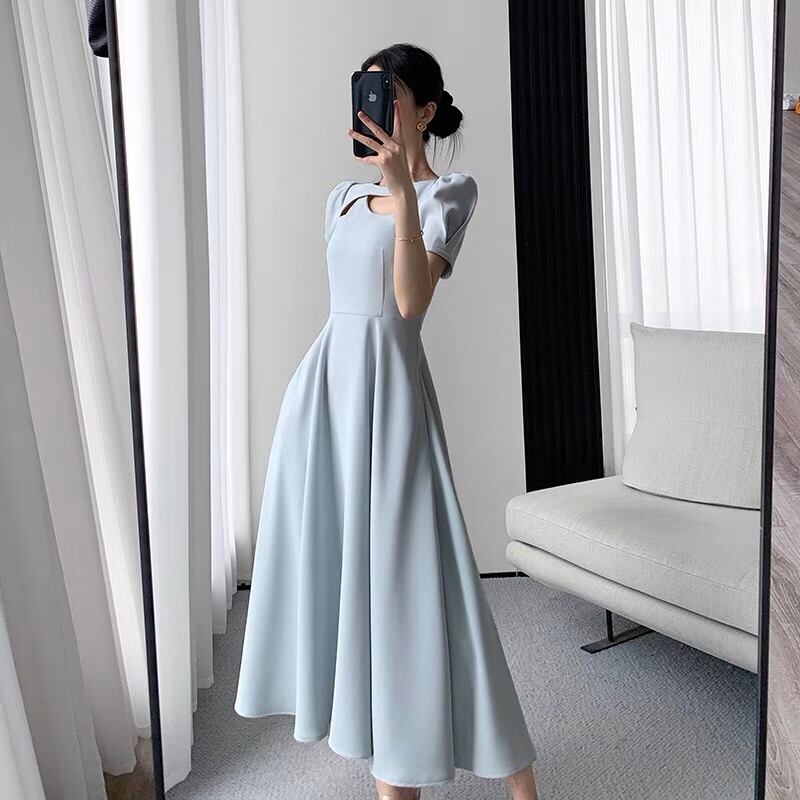 ワンピース デート 特別なデザイン レトロ 無地 ロングワンピース 水色 大きいサイズ 披露宴 ライトブルー M L Xl 2xl Dresszone
