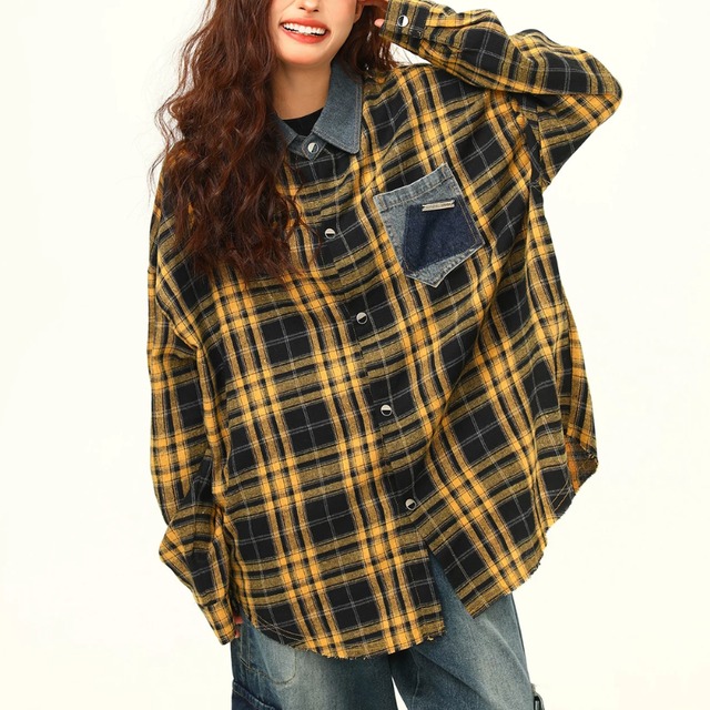 yellow check denim point shirt　イエローチェック柄デニムポイントシャツ　J2173