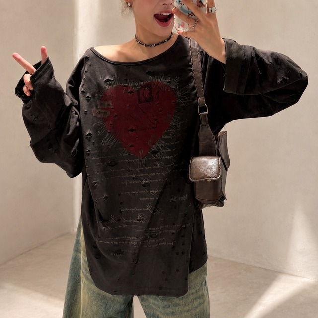 distressed heart graphic long tee　ハートグラフィックダメージロングティー　J2144