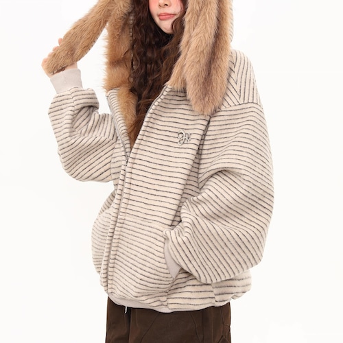 eunny ear fur border hoodie　バニーイヤーファーボーダーパーカー　J1599