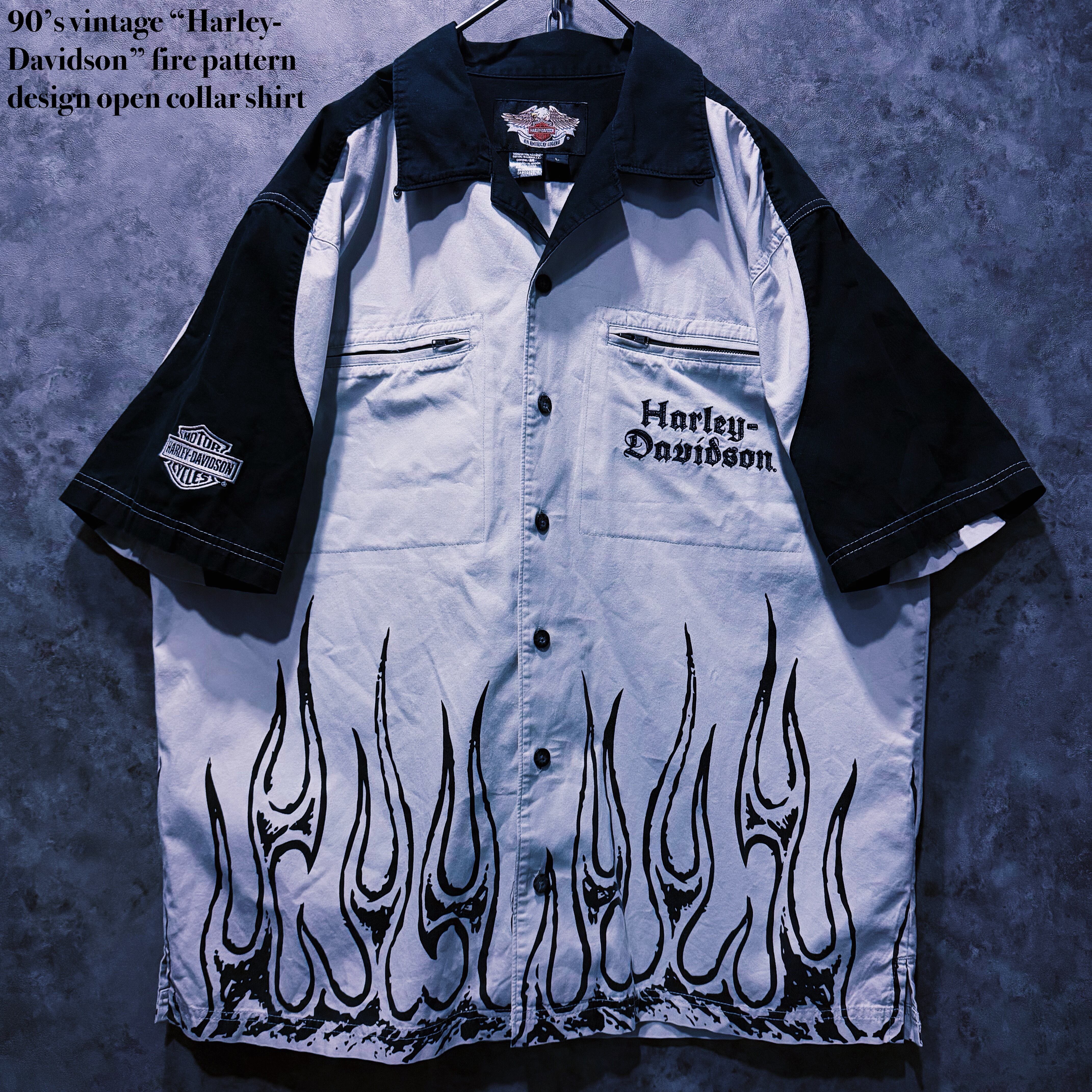 【doppio】90’s vintage “Harley-Davidson” fire pattern design open collar shirt