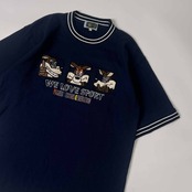 PAGELO パジェロ キャラ刺繍 鹿の子 半袖 Tシャツ カットソー M/ネイビー メンズ