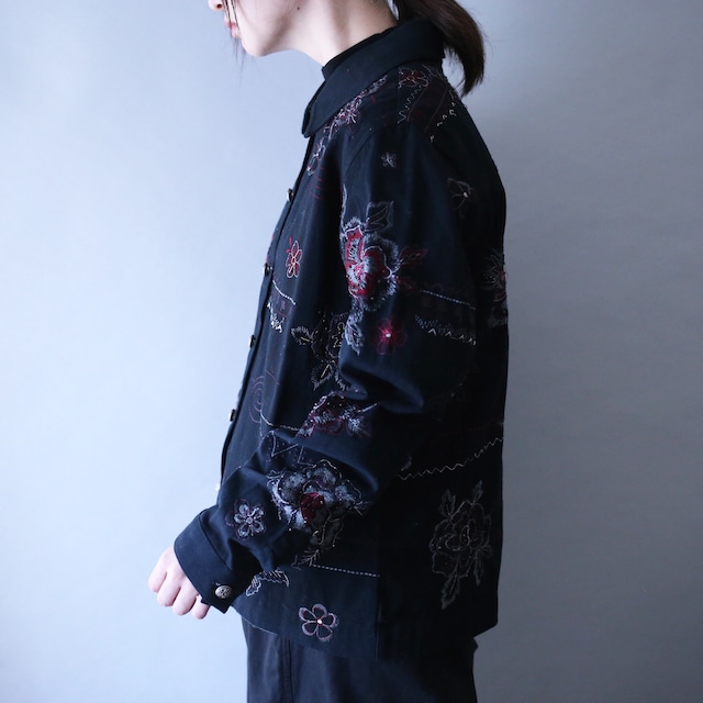 "刺繍" flower art pattern beads decoration box silhouette cotton shirt jacket