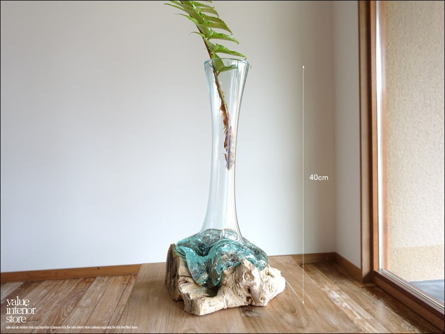 硝子フラワーベースTall40cm 花瓶 プリミティブガラスベース 手作り 一輪挿し 一点物 ハンドメイド 無垢材 自然な様