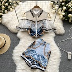 Sweet and fashionable suit single-breasted ruffled mesh stitching off-the-shoulder top high-waisted wide-leg shorts two-piece women's 大人ガーリー スウィート キュート カジュアル メッシュ ショーツ ブルマー ステッチ lyxaj91003250343