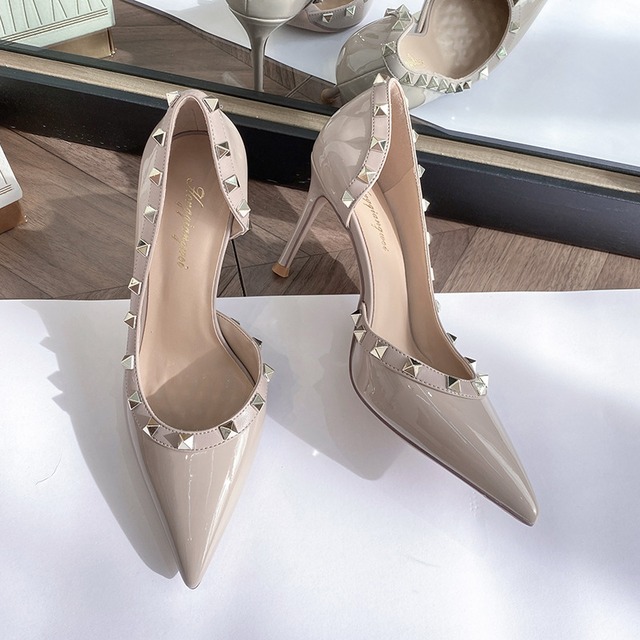 シューズ パンプス 高さ2種 スタッズ ハイヒール サイドオープン ファッション 8CM/10CM