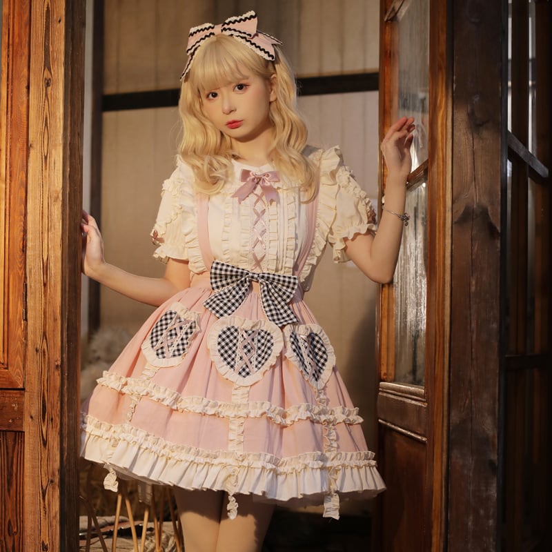 〔ロリータ〕スウィートハートメイドロリータ|ギンガムリボン フリルエプロンドレス