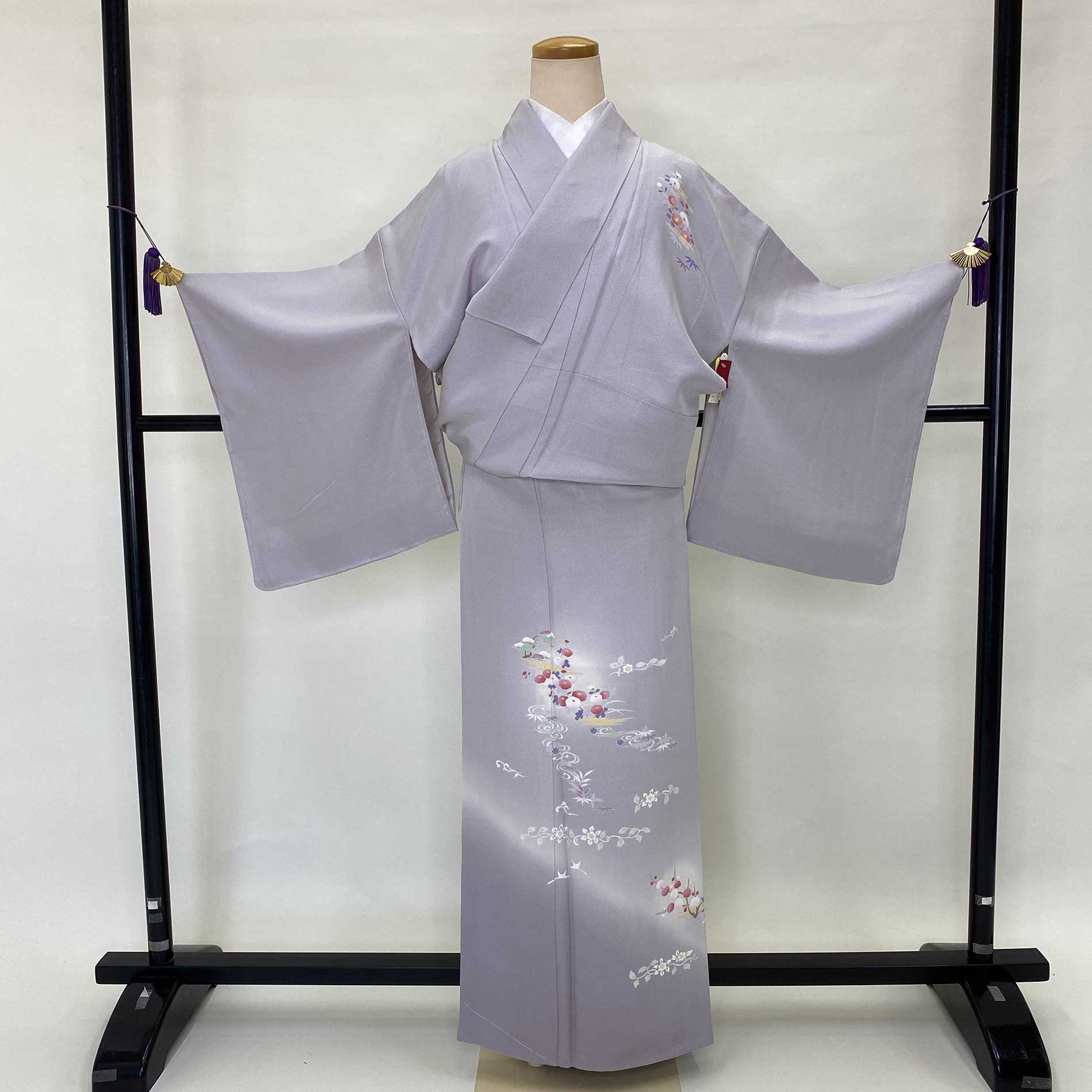 訪問着 中古 古典柄 花柄 グレー 松 梅 椿 裄65.5cm 身丈162cm 訪問着 中古 古典柄 花柄 グレー 松 梅 椿 裄65.5cm 身丈162cm