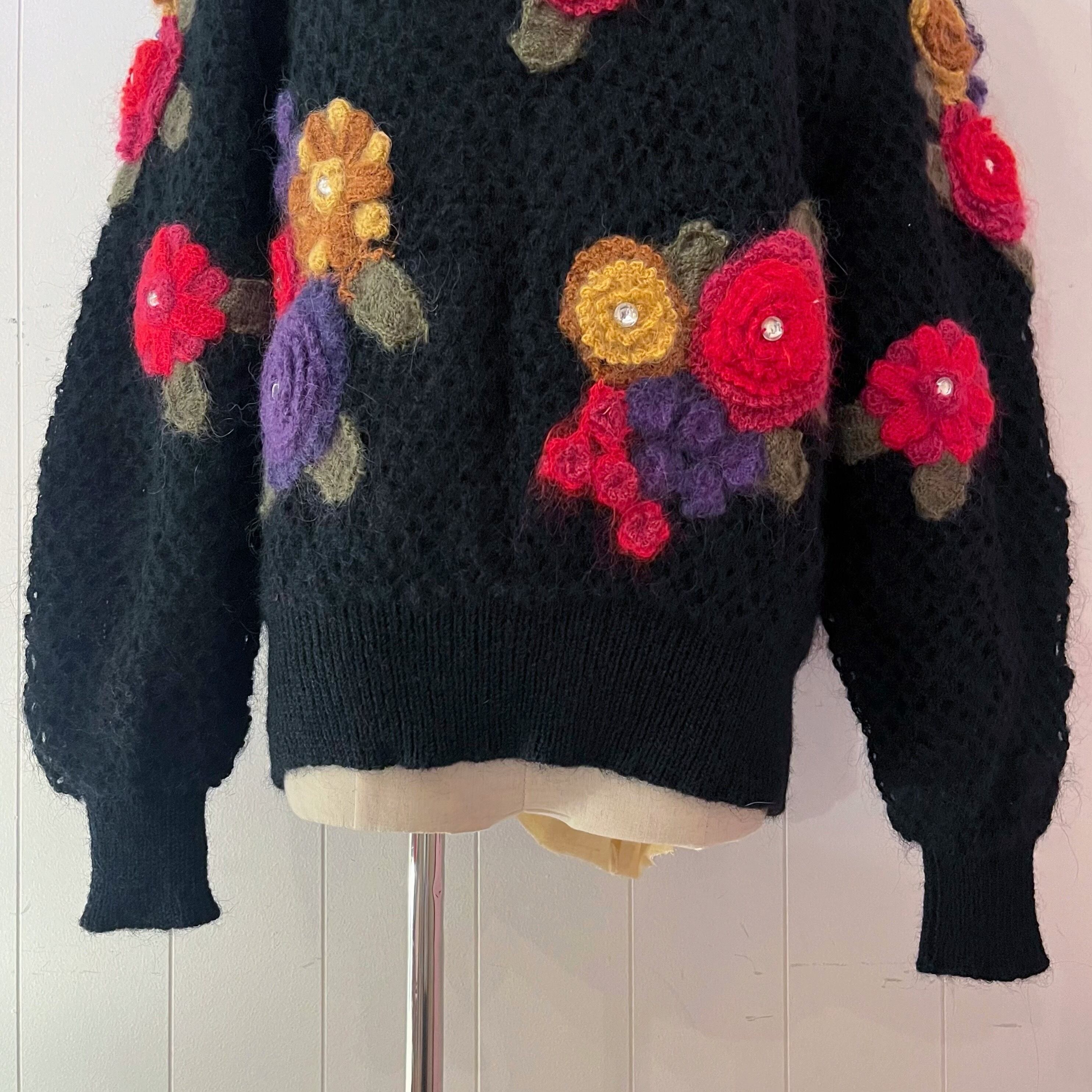 colorful flower stone mesh knit sweater