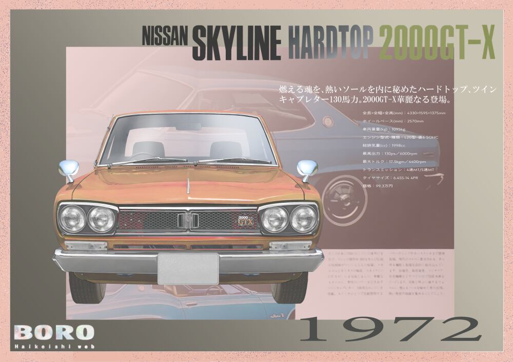 日産スカイライン2000GTゴールドメタリック 1972年イラスト | GT