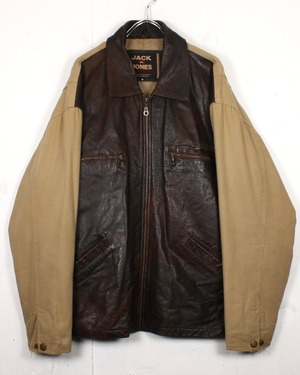 【Caka act2】Leather Switching Vintage Loose Duck Jacket