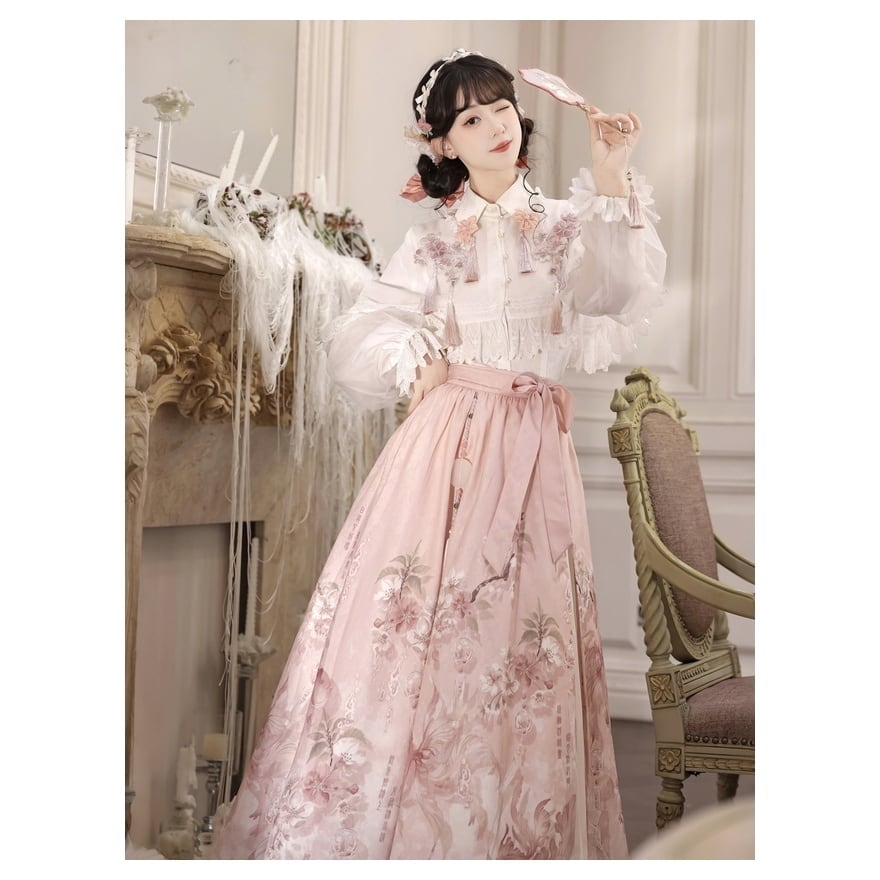 中華ロリ｜桜雨 漢服風トップス・花柄スカート・ケープ3点セット