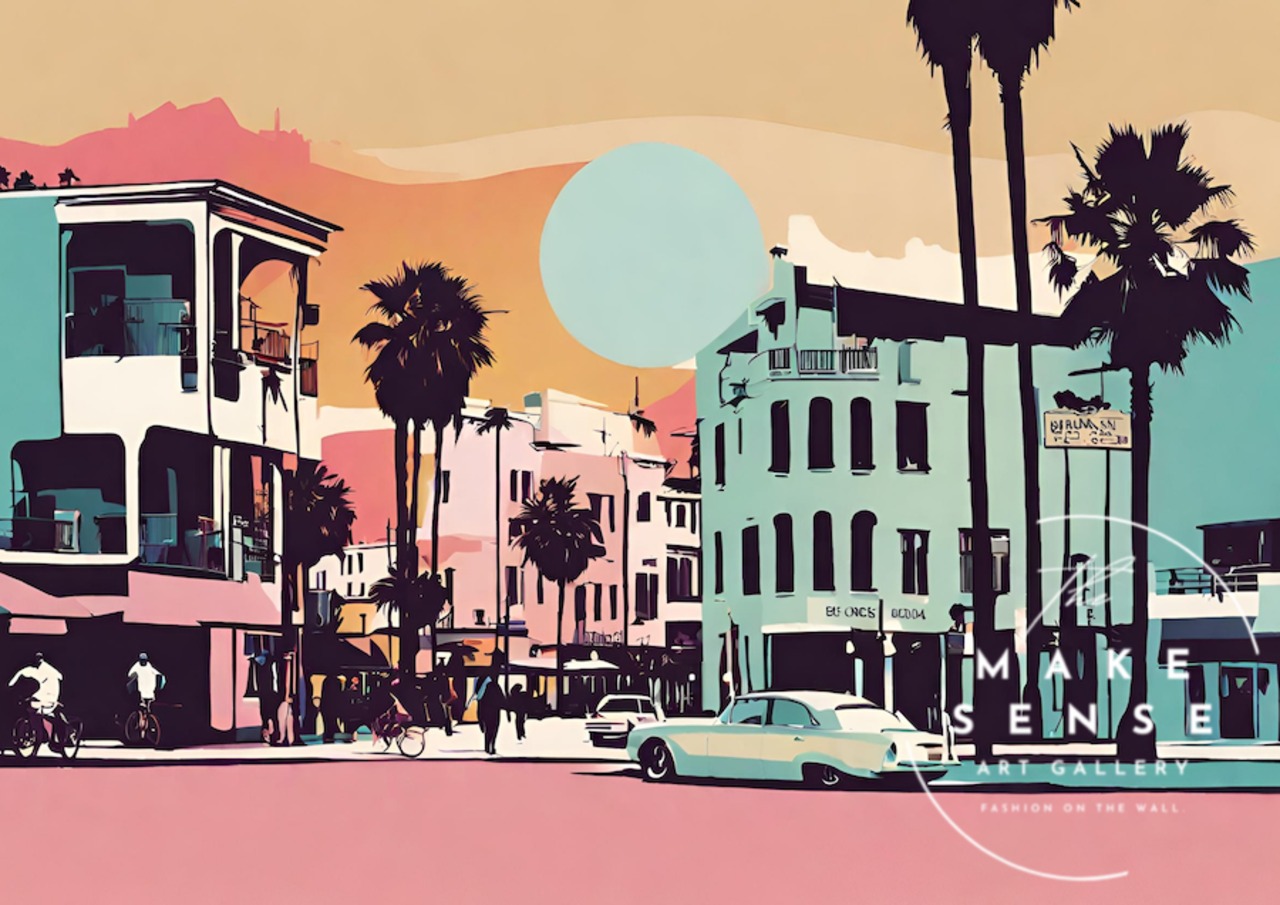 Venice｜西海岸ベニスビーチを抽象的に描いたヴィンテージ風アートポスター｜夏気分を高めるレトロミニマルデザイン｜リビング寝室玄関に映える風景アート｜カリフォルニアの抜け感を添える一枚A4ポスター