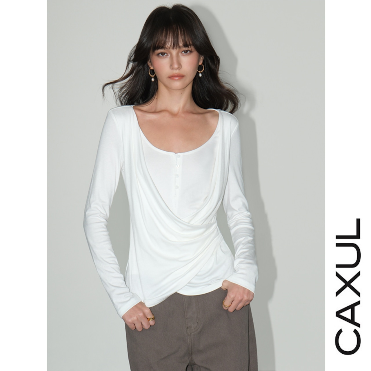U-Neck Draped Long Sleeve Top / 2color