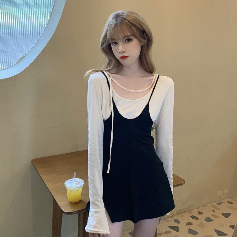 ブラックVネックドレス スプリングオータムスカート ロング 春物 秋物 萌量不足66027173659