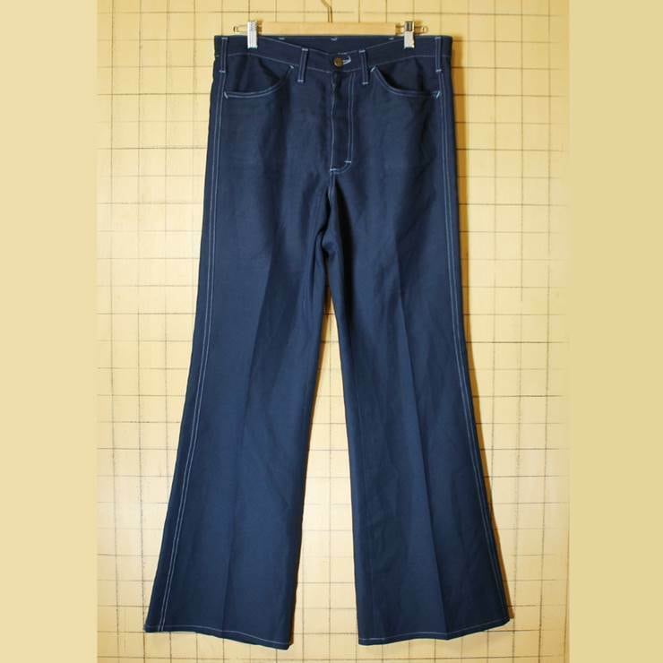 70s Lee リー フレア ポリエステル パンツ USA製 古着 ネイビー W34