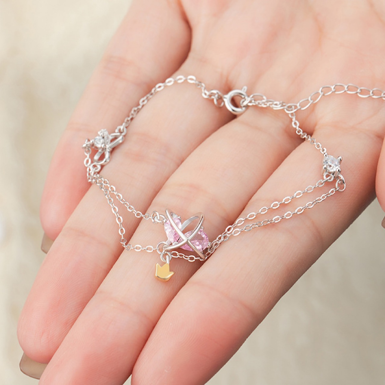 おしゃれ ピンク ハート 王冠 シルバー ブレスレット[102] - 7