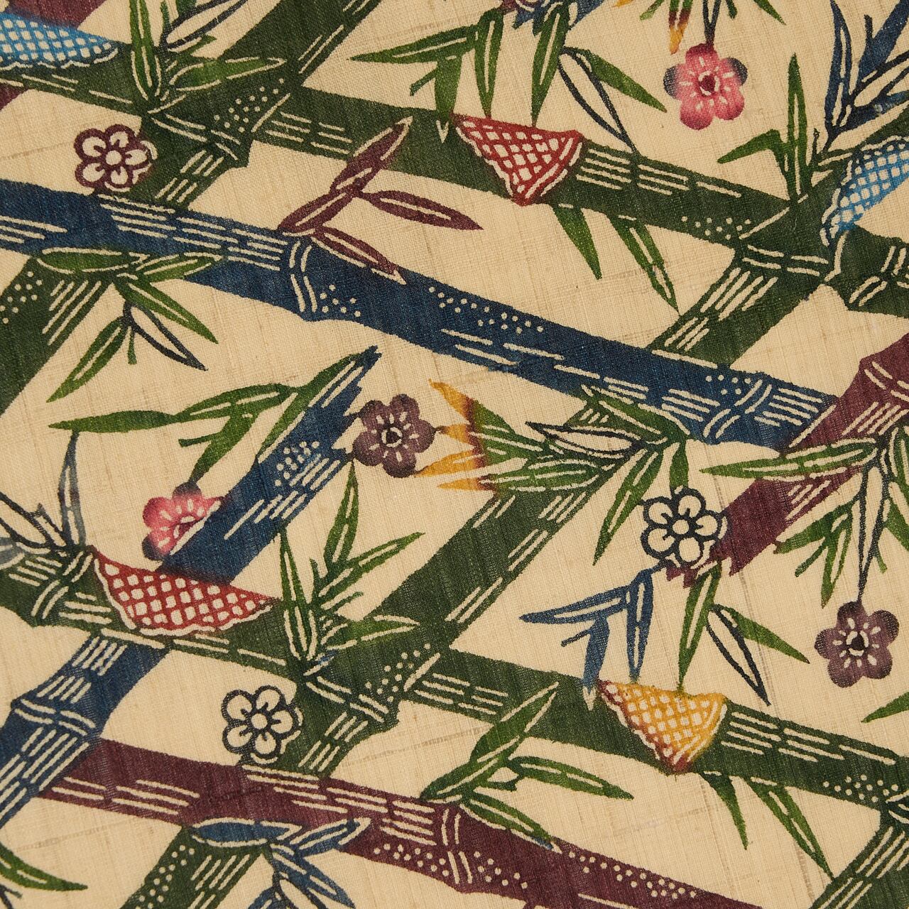 本場琉球紅型 竹垣に花の模様 生紬 名古屋帯【未着用品】 | かわの屋