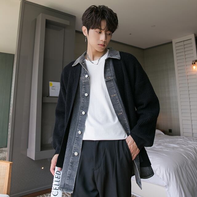 メンズ服（ジーンズ2本、カーディガン、シャツなど） 梨地ツイルボタンレスカーディガン×白Tシャツ2点セットメンズスリム春