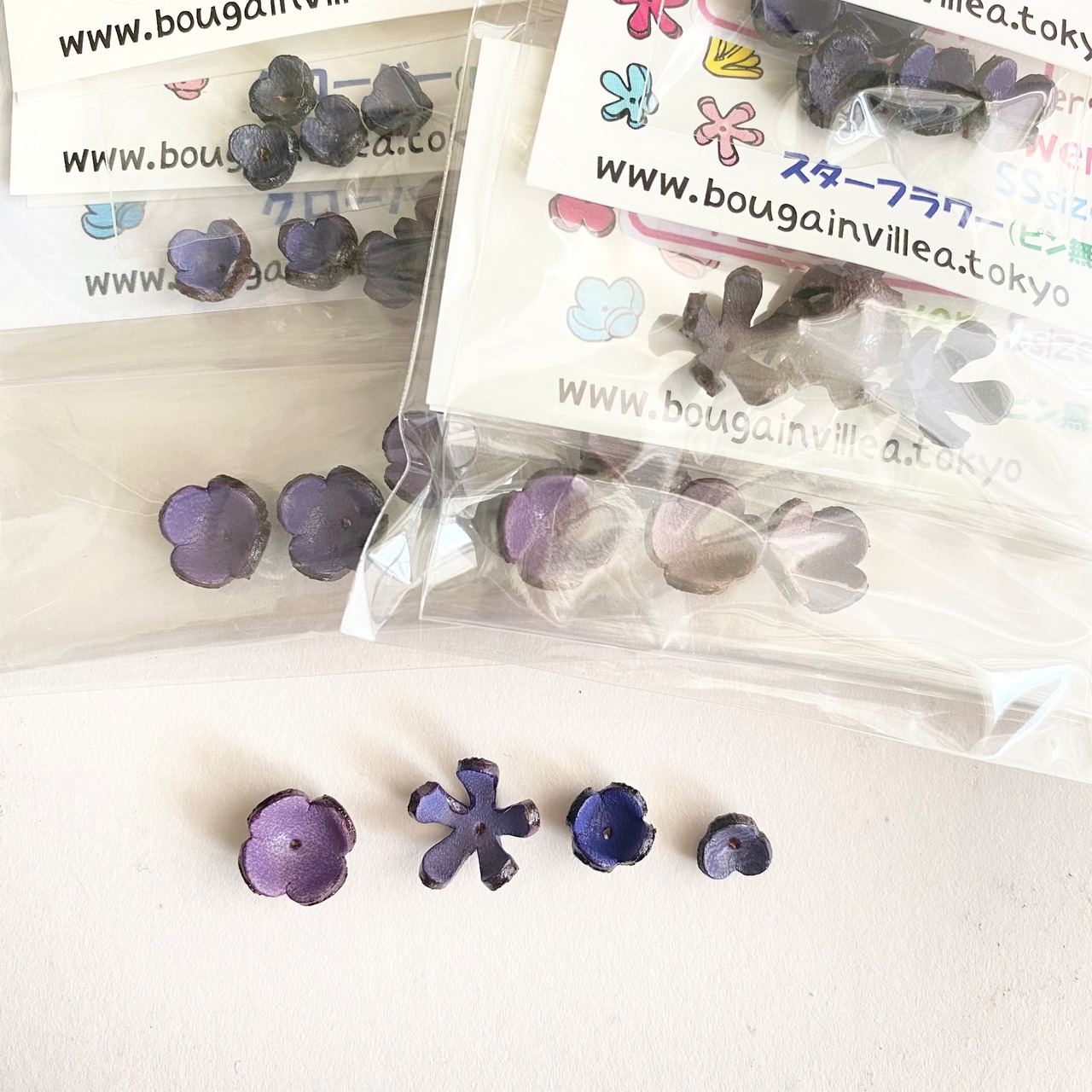 【アウトレット立体レザーフラワー】ピン無し小花３点セット(パープル)10個入 - 3