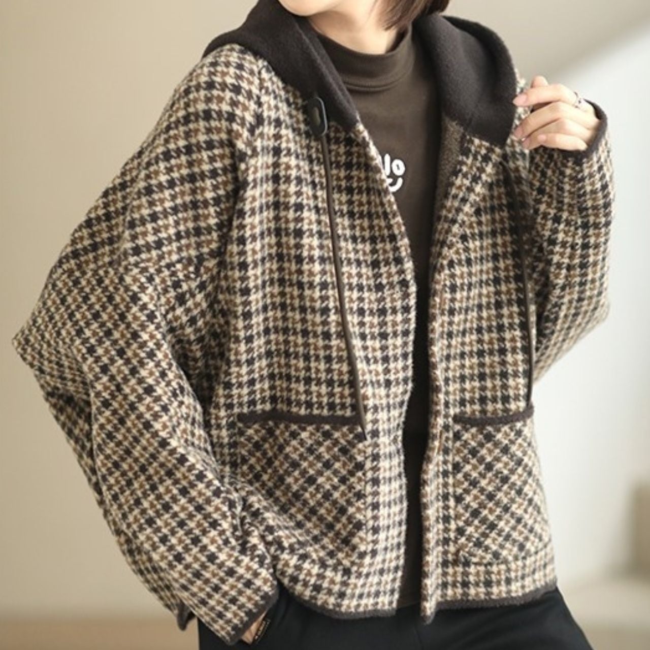 フード付き チェック柄 厚手ジャケット Ln00415