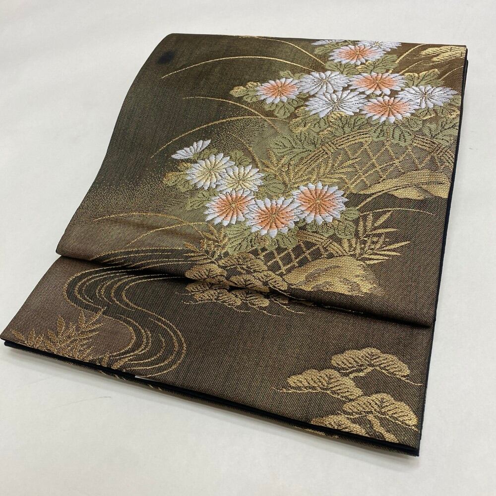 中古 礼装袋帯 正絹 草花 六通柄 ブラウン Cランク 441cm 5957
