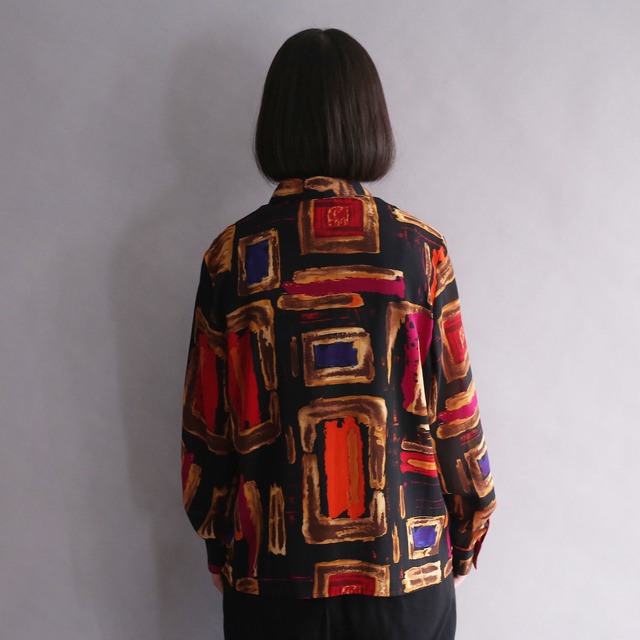 black base art colorful pattern l/s see-through shirt