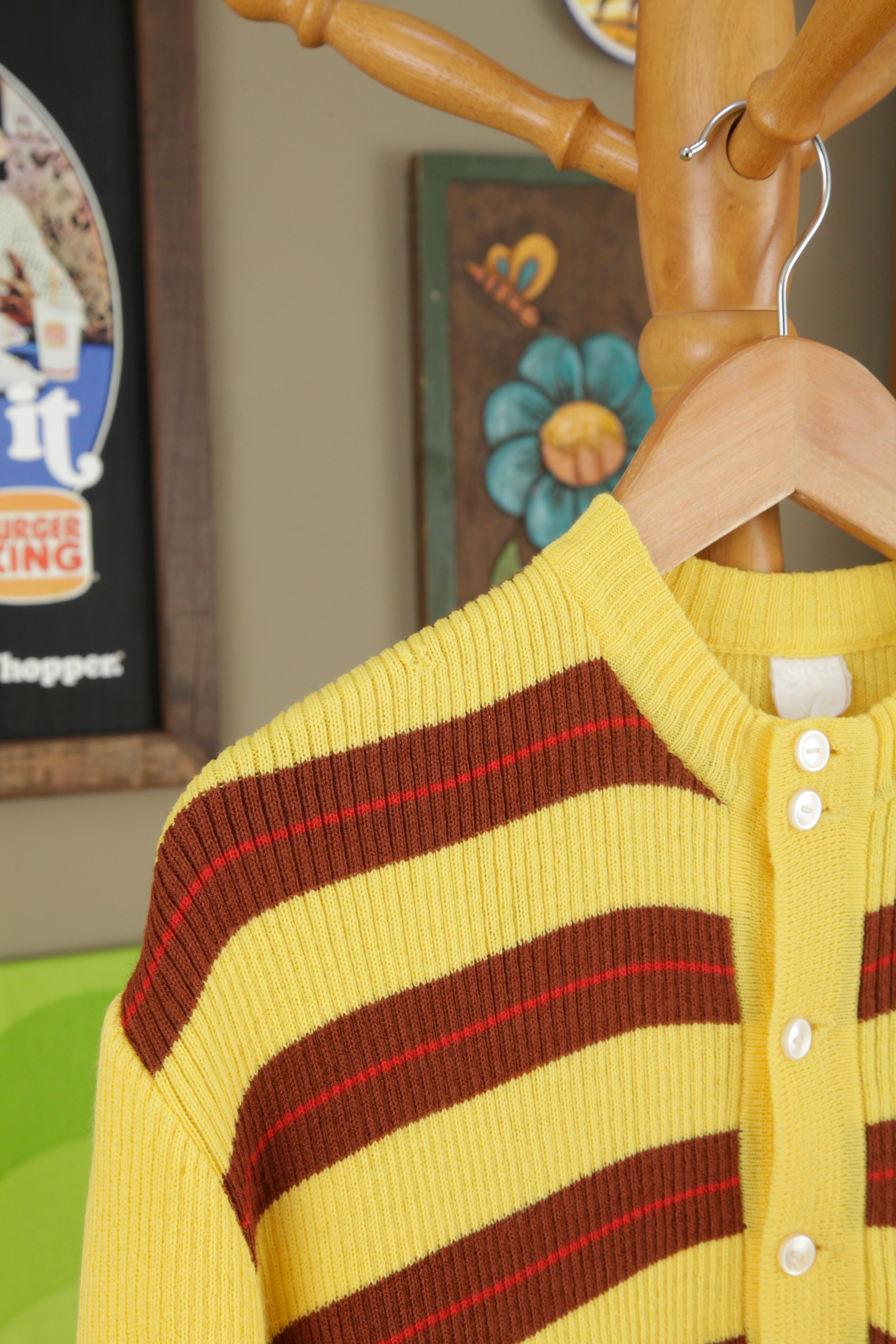 1970s Horizontal stripe henry neck rib knit sweater | quaint vintage