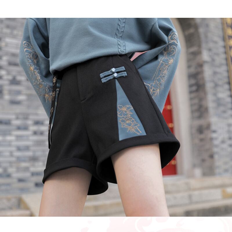 森女部落シリーズ チャイナ風ショートパンツ チャイナ服 中華服 可愛い ブラック 黒 合わせやすい Elegant