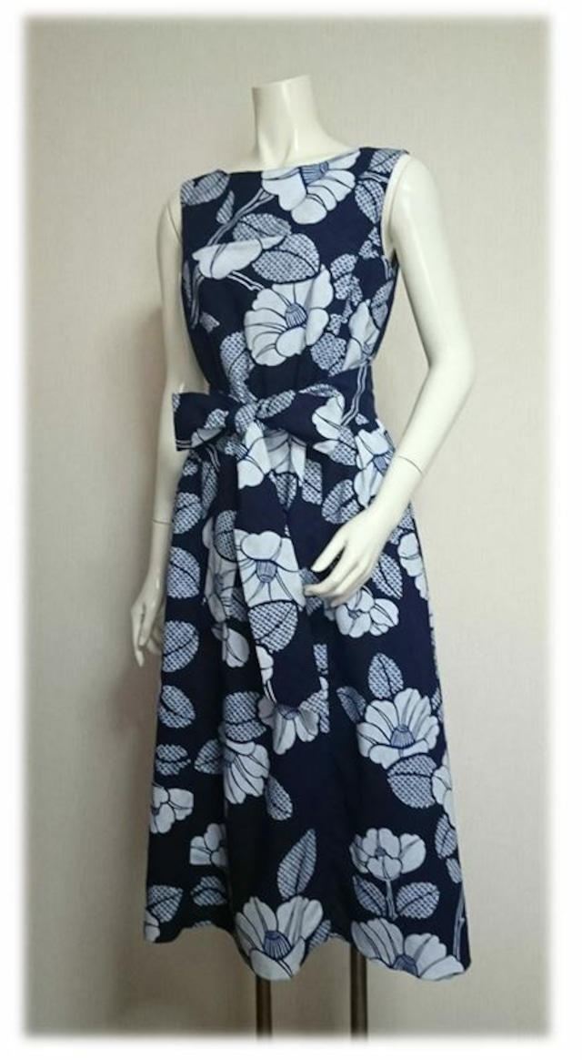 126 椿柄浴衣リメイクａラインワンピース ｉｌｉｋａ ｄｅｓｉｇｎｓ